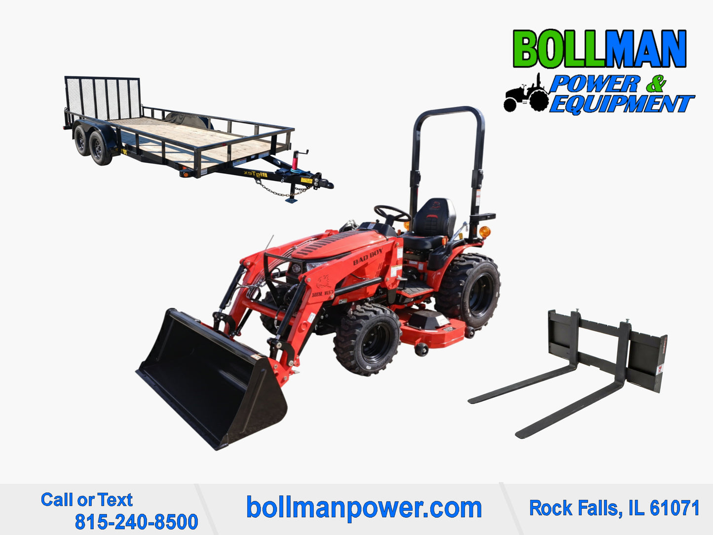 Bad Boy 1025 compact tractor with loader, 60" Mid Mount Mower, 42" Pallet Forks and Big Tex utility trailer at Bollman Power & Equipment in Rock Falls IL