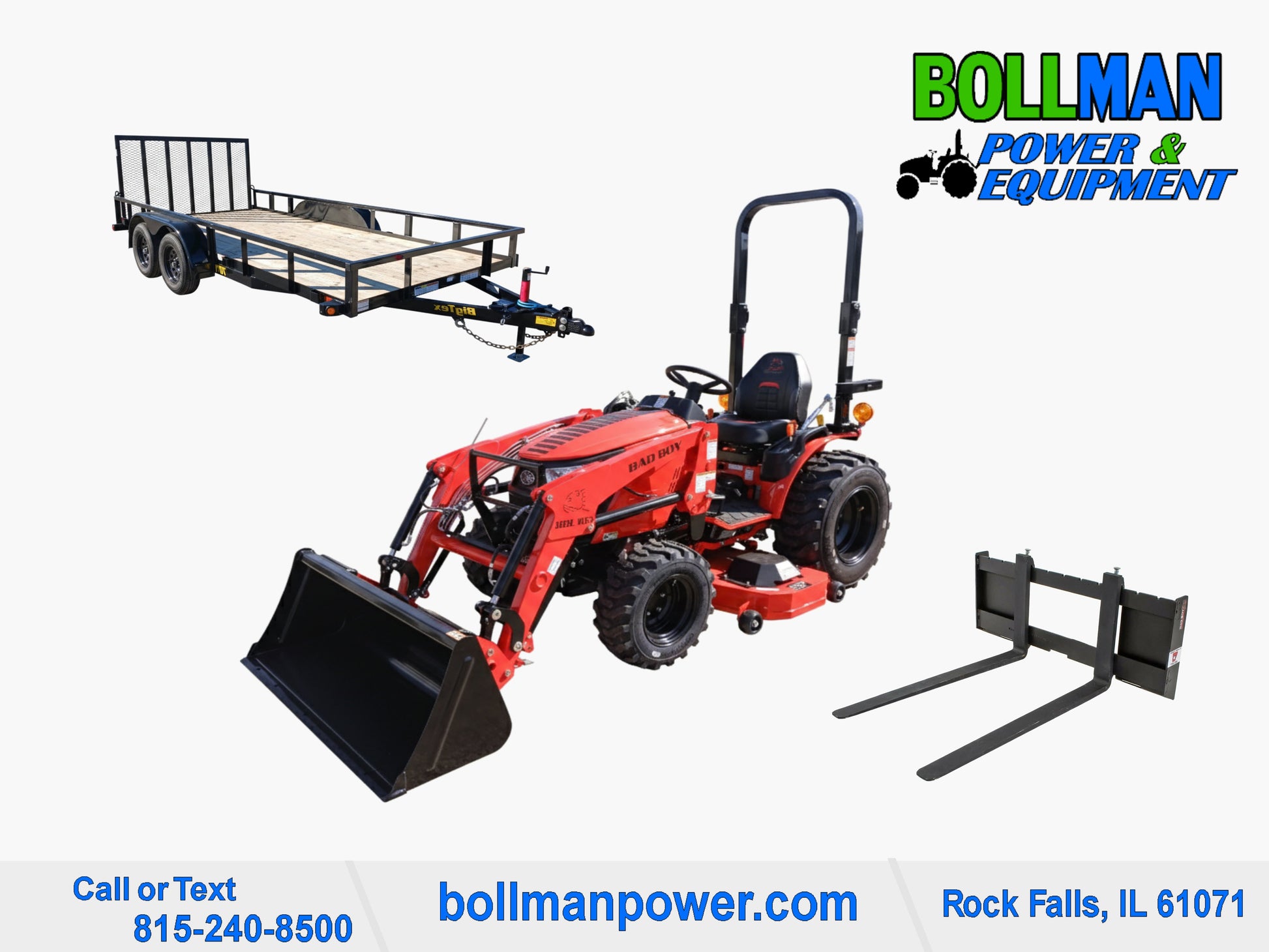 Bad Boy 1025 compact tractor with loader, 60" Mid Mount Mower, 42" Pallet Forks and Big Tex utility trailer at Bollman Power & Equipment in Rock Falls IL