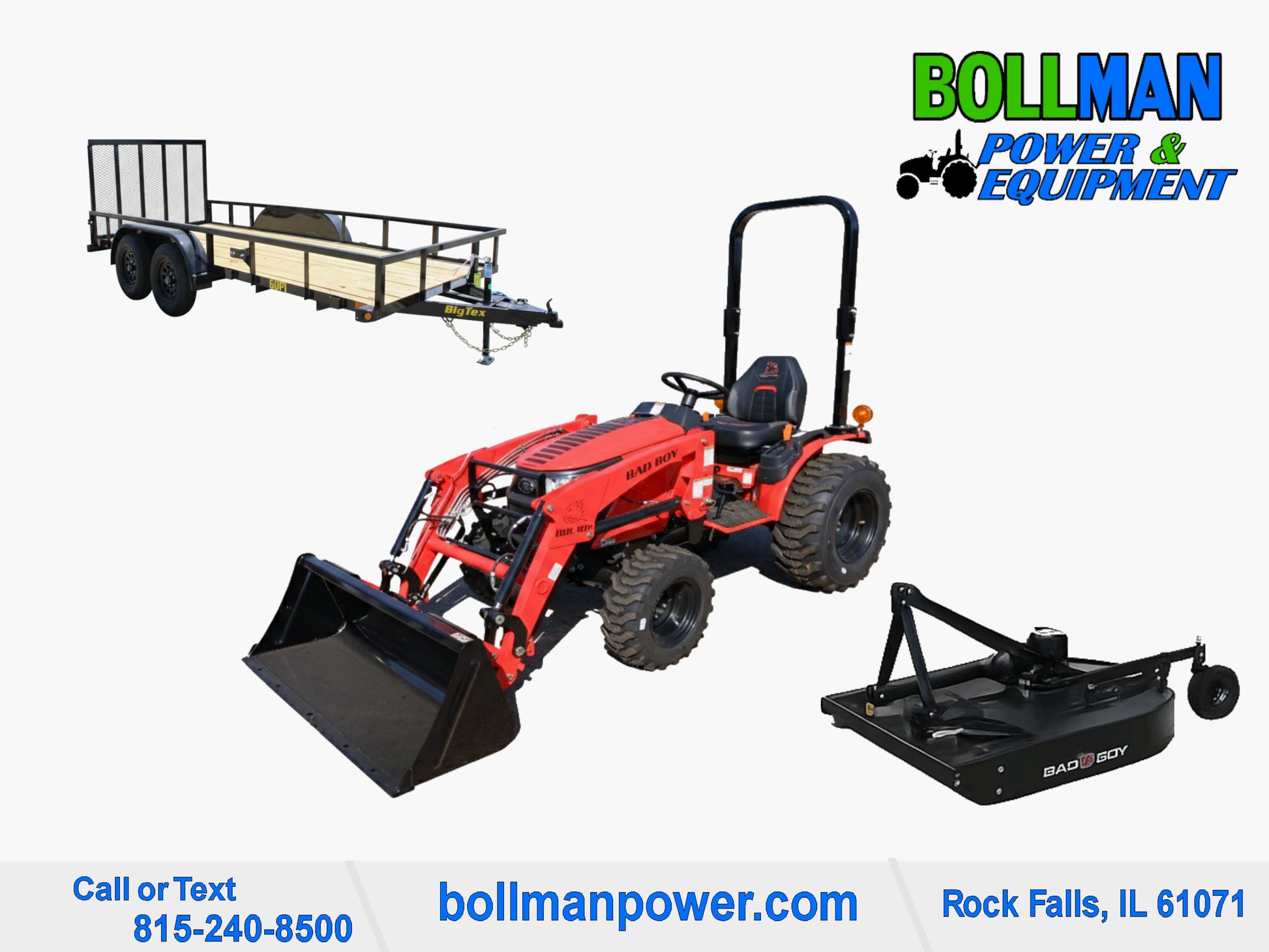 Bad Boy 1025 compact tractor with loader, rotary cutter and Big Tex utility trailer at Bollman Power & Equipment in Rock Falls IL