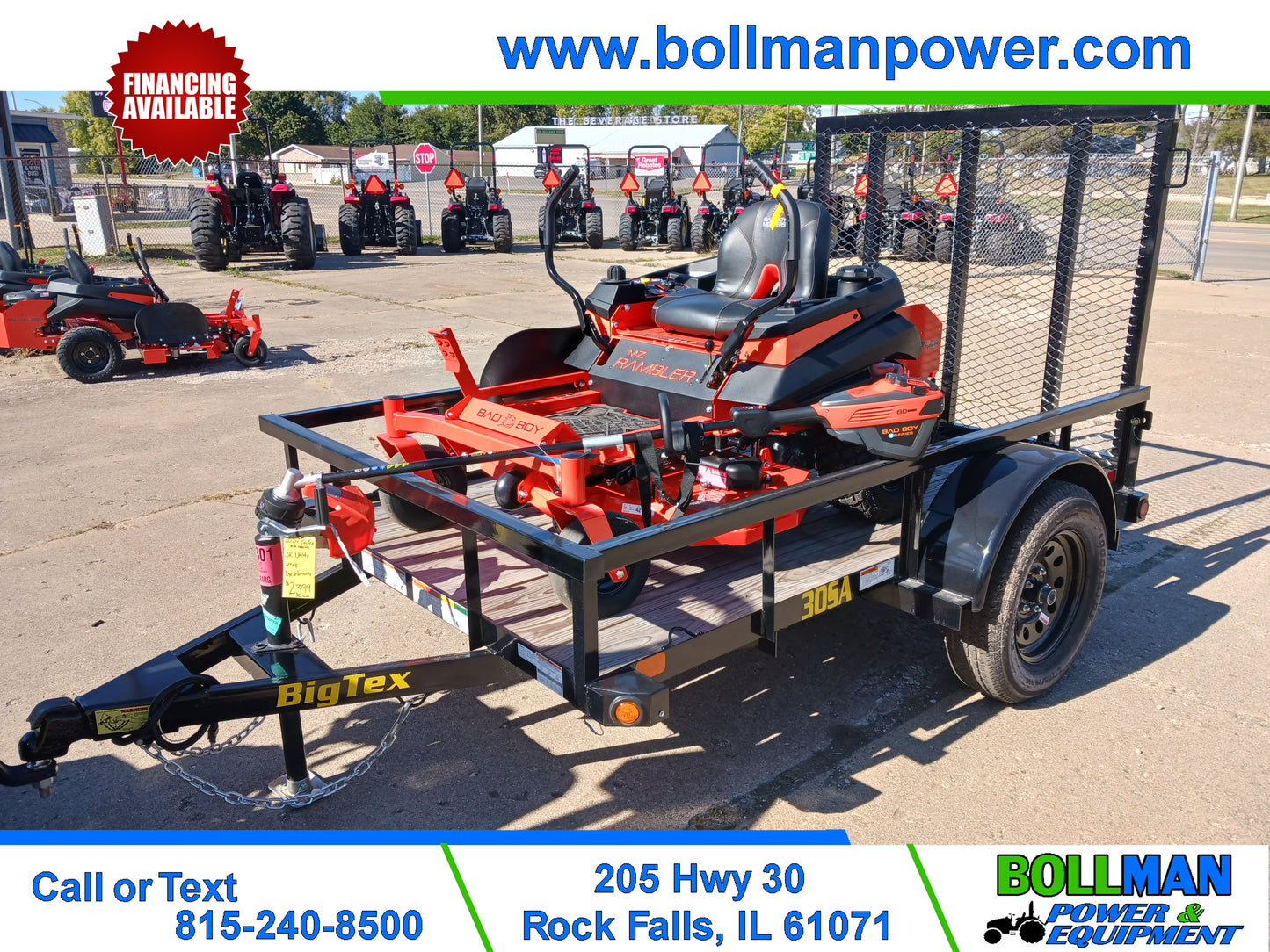 Bad Boy MZ Rambler + 5x8 Big Tex Trailer + FREE 80v String Trimmer