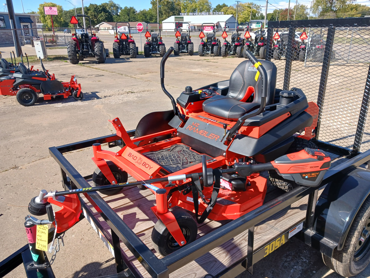 Bad Boy MZ Rambler + 5x8 Big Tex Trailer + FREE 80v String Trimmer