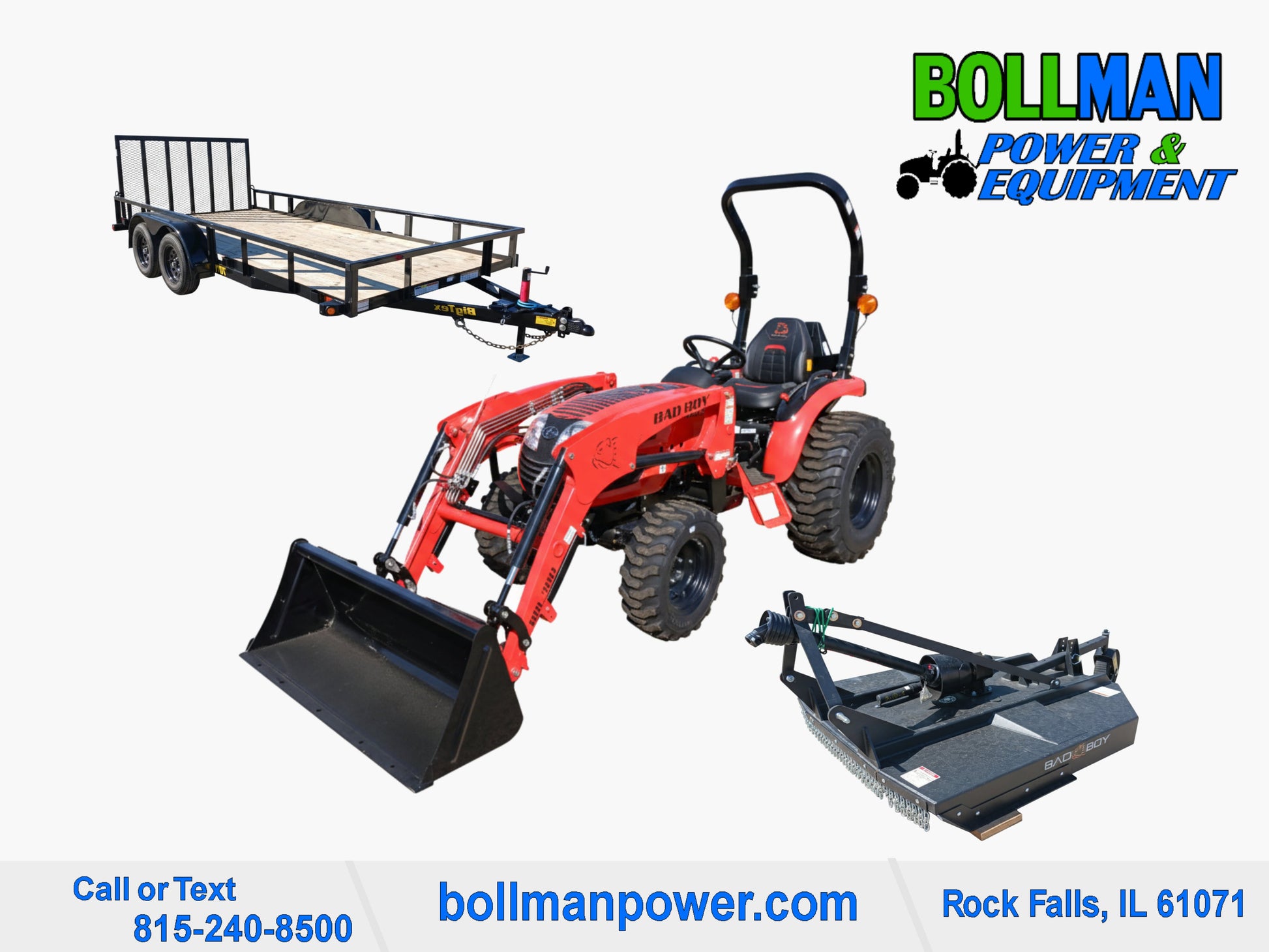 Bad Boy 3026 compact tractor with loader, rotary cutter and Big Tex utility trailer at Bollman Power & Equipment in Rock Falls IL