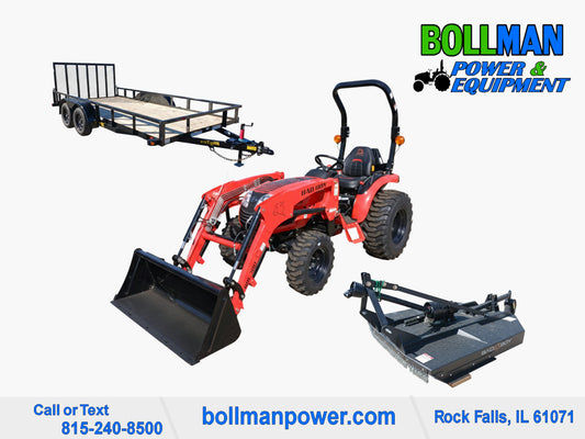 Bad Boy 3026 compact tractor with loader, rotary cutter and Big Tex utility trailer at Bollman Power & Equipment in Rock Falls IL