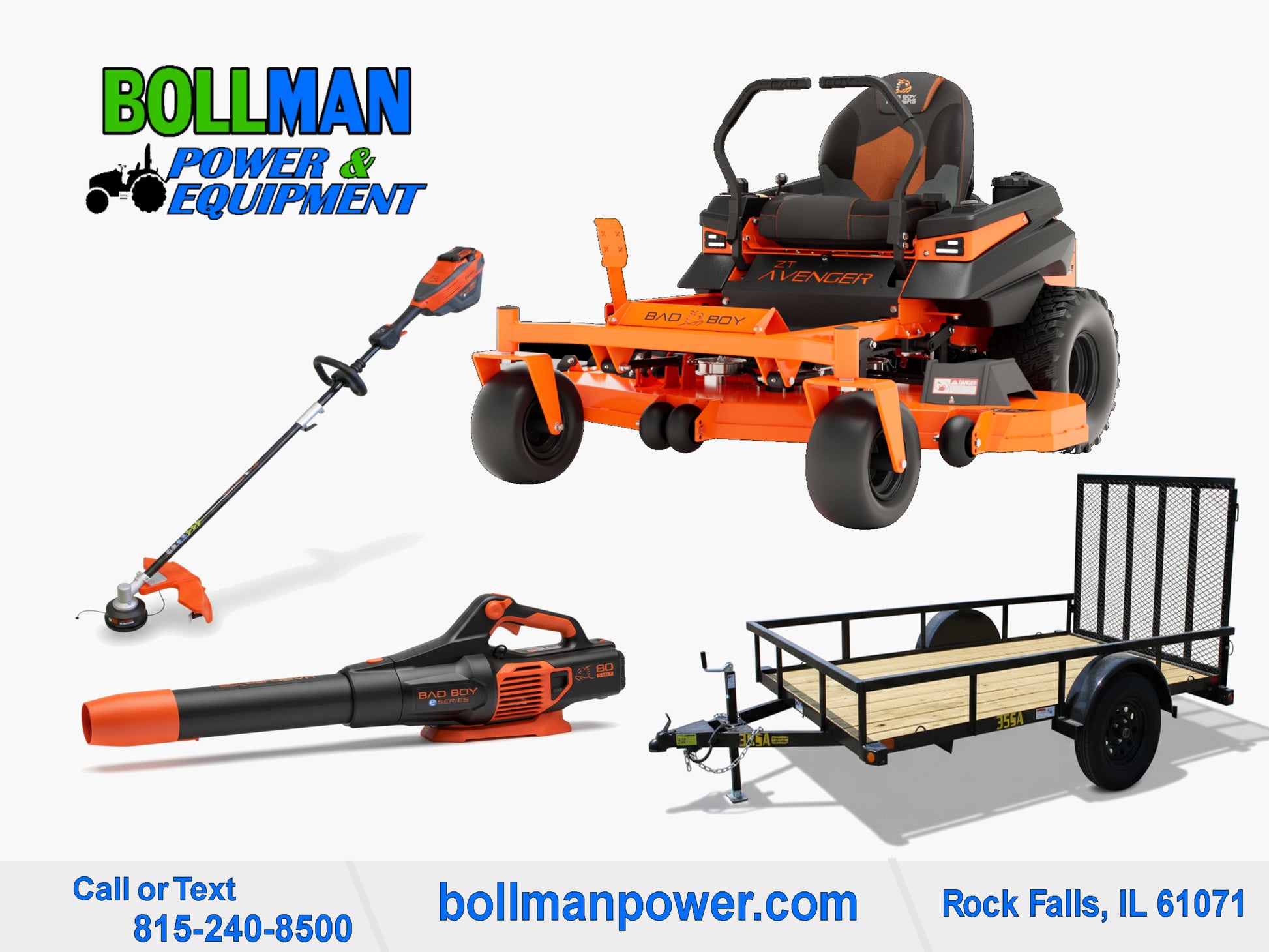 Bad Boy ZT Avenger Zero Turn Mower with 80V String Trimmer and 80V Handheld Blower and Big Tex Utility Trailer at Bollman Power & Equipment in Rock Falls IL