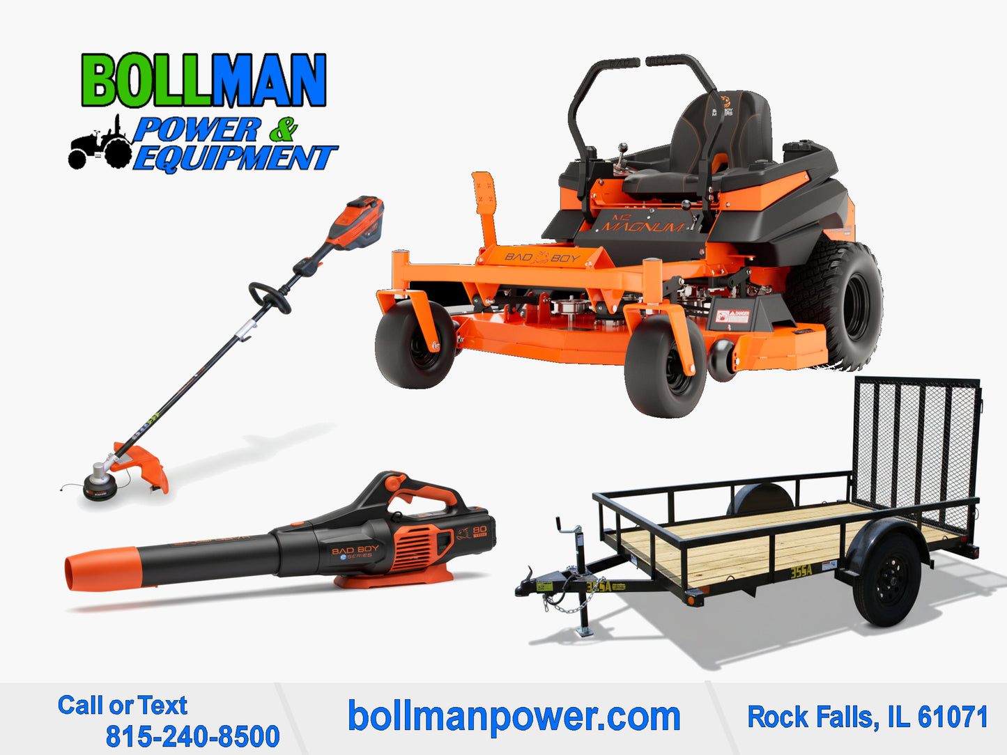 Bad Boy MZ Magnum Zero Turn Mower with 80V String Trimmer and 80V Handheld Blower and Big Tex Utility Trailer at Bollman Power & Equipment in Rock Falls IL