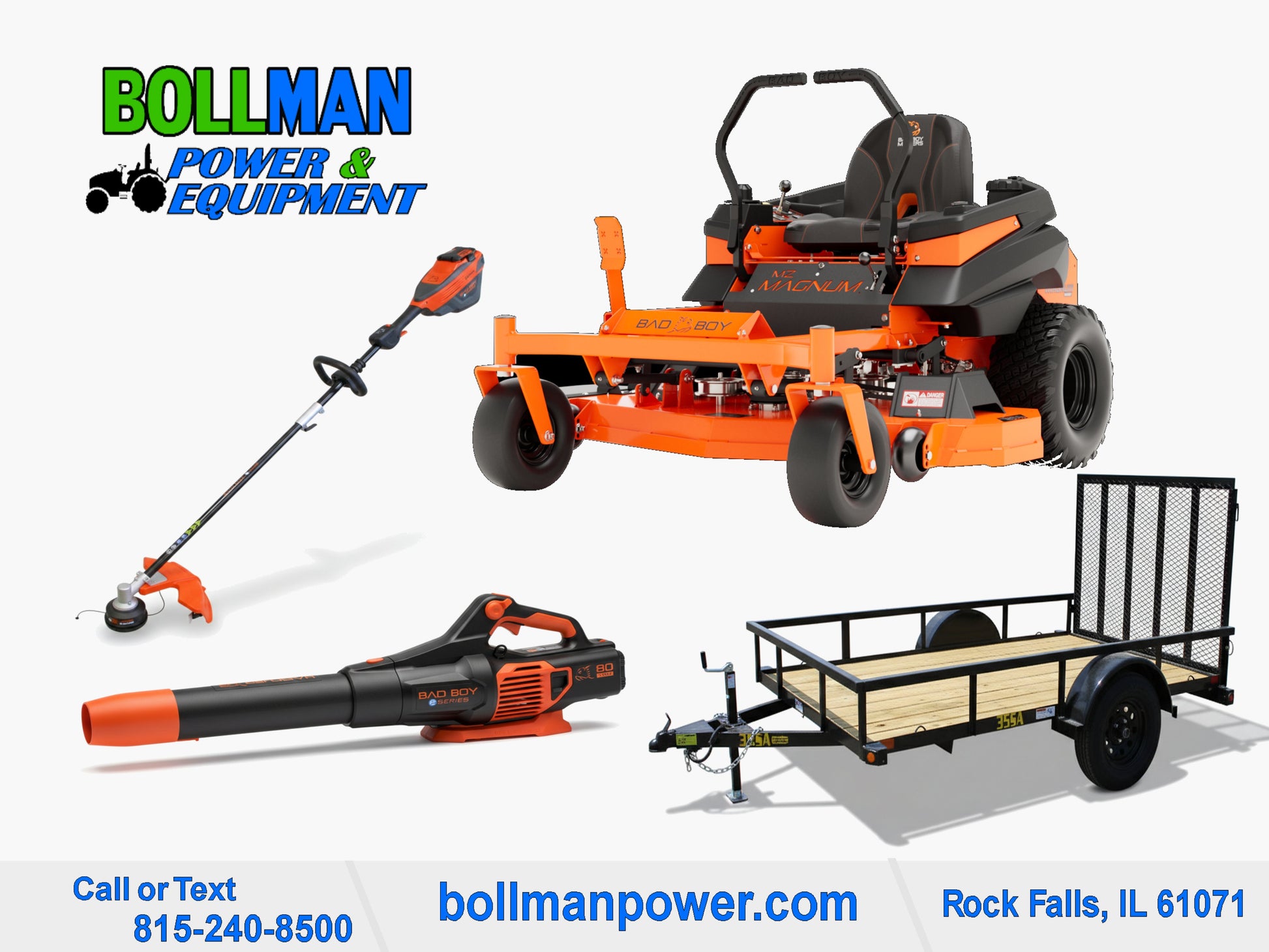 Bad Boy MZ Magnum Zero Turn Mower with 80V String Trimmer and 80V Handheld Blower and Big Tex Utility Trailer at Bollman Power & Equipment in Rock Falls IL