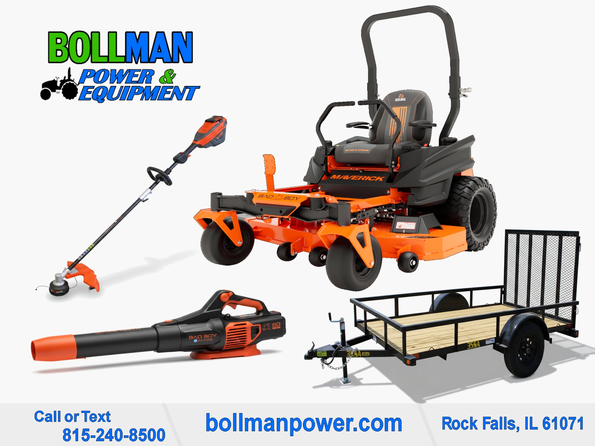 Bad Boy Maverick Zero Turn Mower with 80V String Trimmer and 80V Handheld Blower and Big Tex Utility Trailer at Bollman Power & Equipment in Rock Falls IL