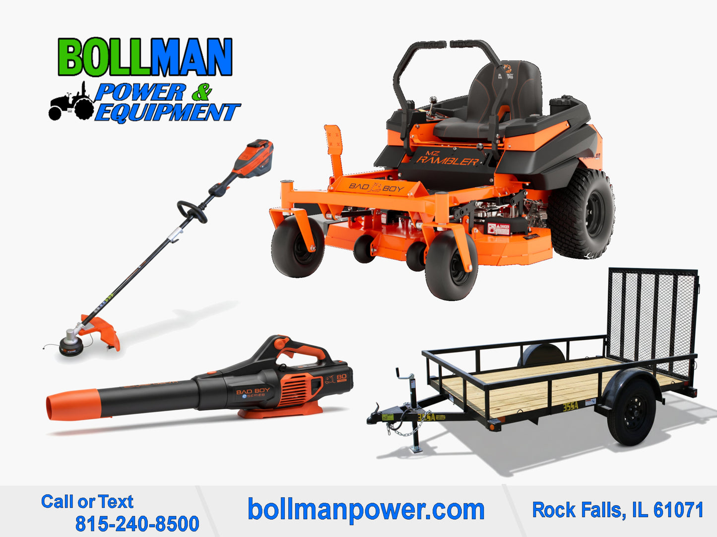 Bad Boy MZ Rambler Zero Turn Mower with 80V String Trimmer and 80V Handheld Blower and Big Tex Utility Trailer at Bollman Power & Equipment in Rock Falls IL