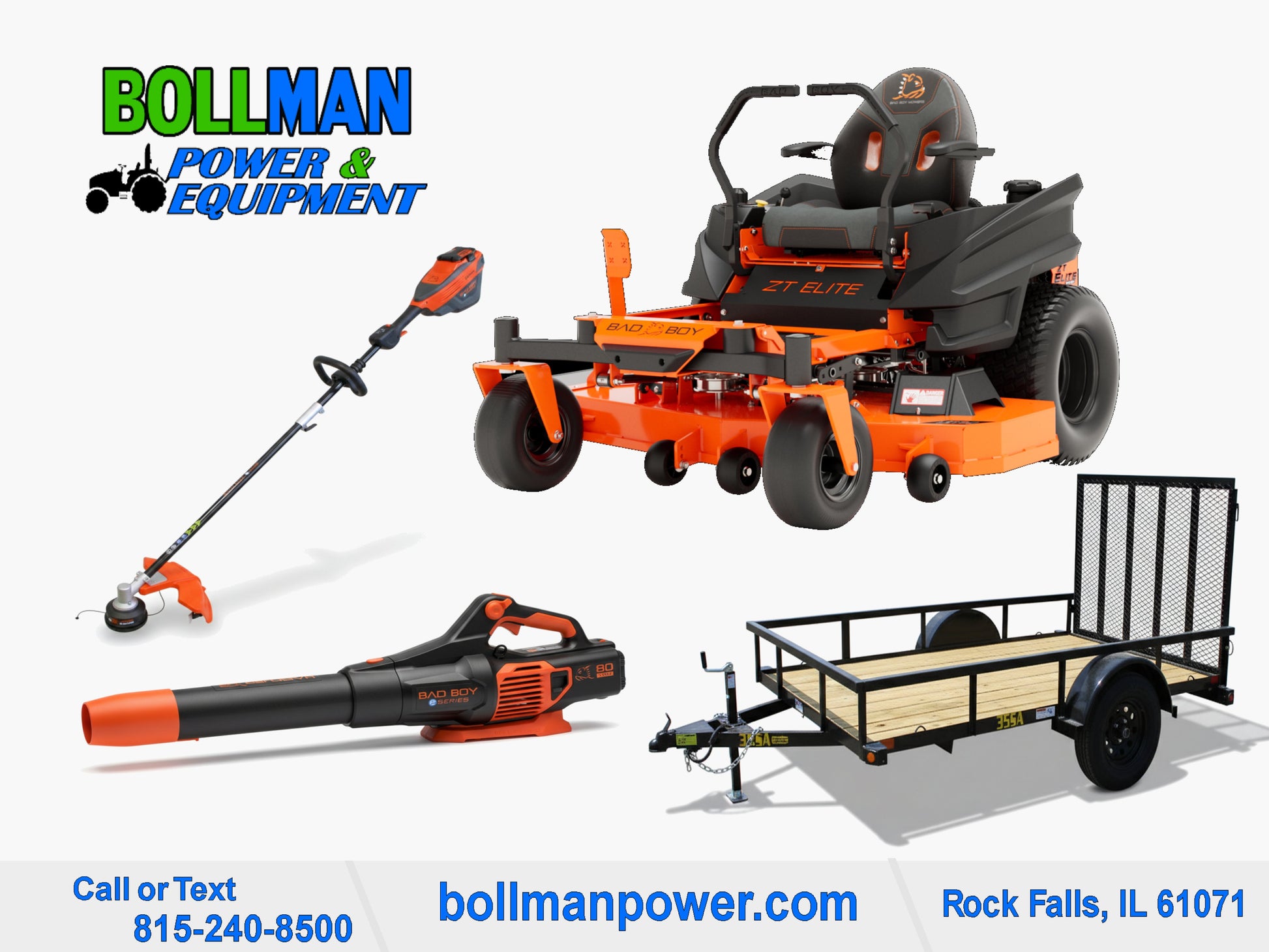Bad Boy ZT Elite Zero Turn Mower with 80V String Trimmer and 80V Handheld Blower and Big Tex Utility Trailer at Bollman Power & Equipment in Rock Falls IL